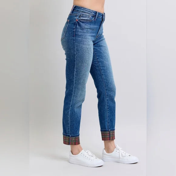 CLARA RED PLAID CUFF JEANS
