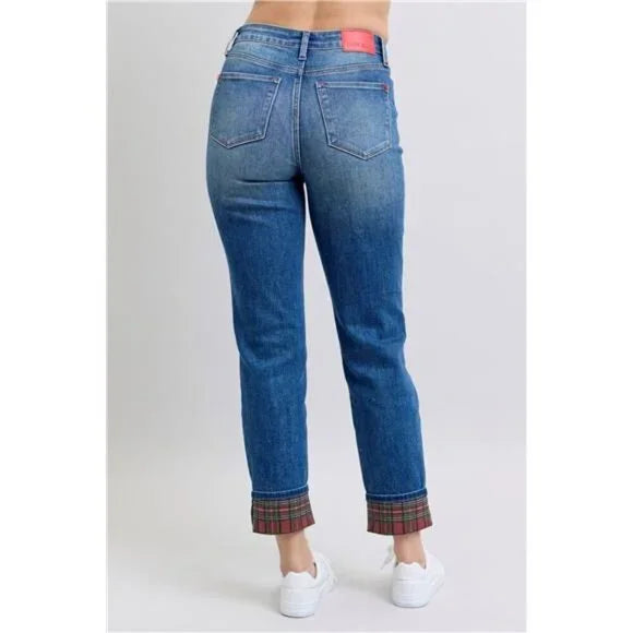 CLARA RED PLAID CUFF JEANS
