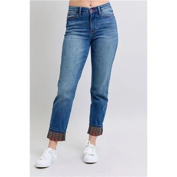 CLARA RED PLAID CUFF JEANS
