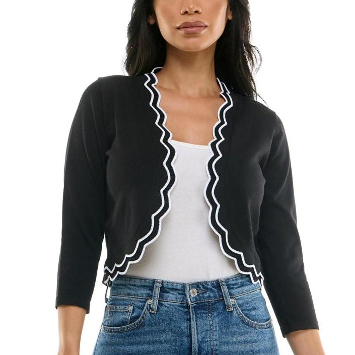 BETSY BLACK CROPPED CARDI W/ SCALLOPED TRIM
