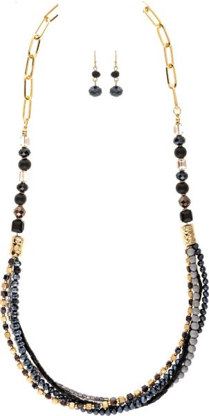 Gold, Black & Grey Layered Bead Necklace Set

