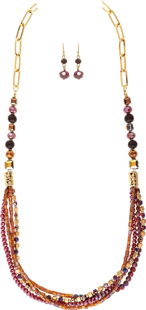 Gold Red Layered Bead Necklace Set
