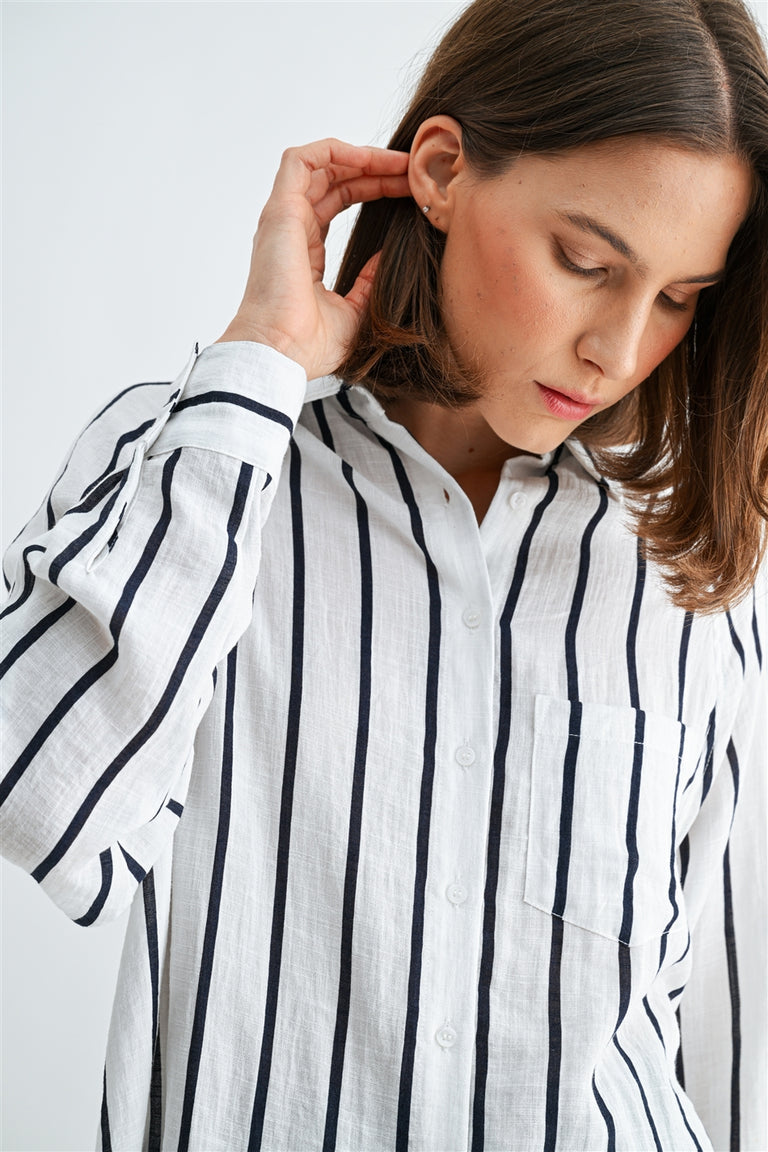 WHITE STRIPE WOVEN COLLARED SHIRT