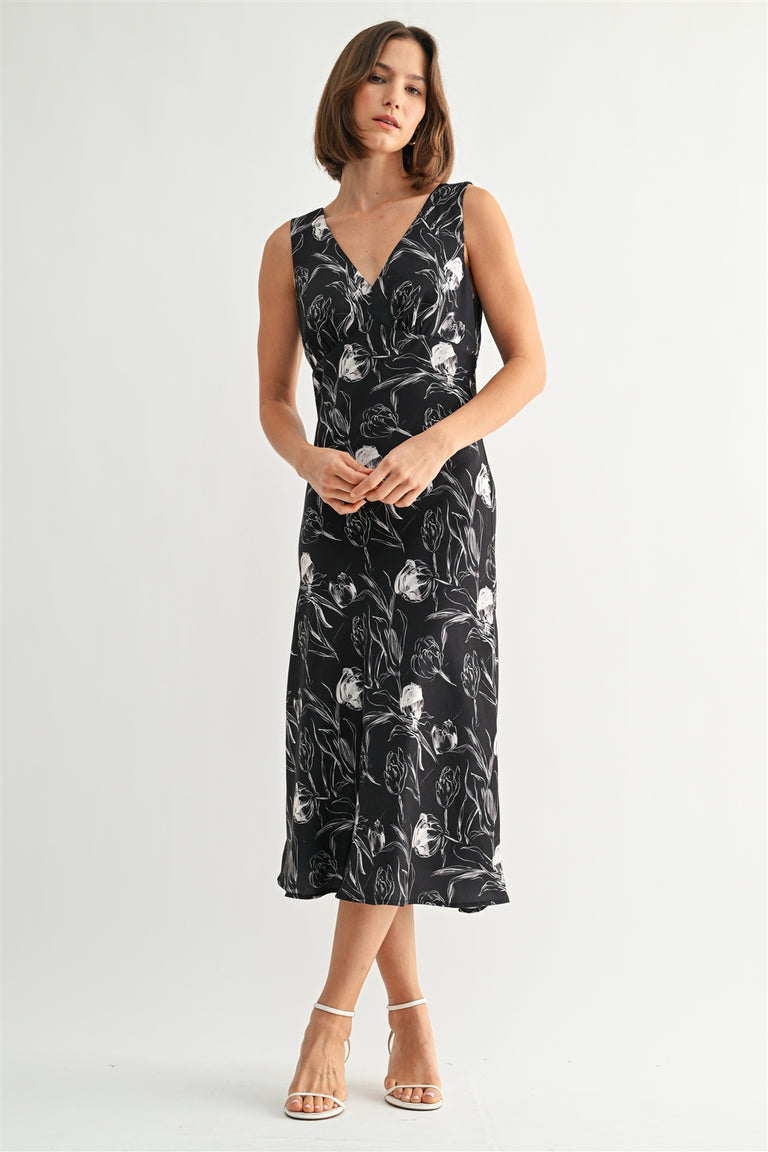BLACK MIDNIGHT SATIN FLORAL V-NECK DRESS