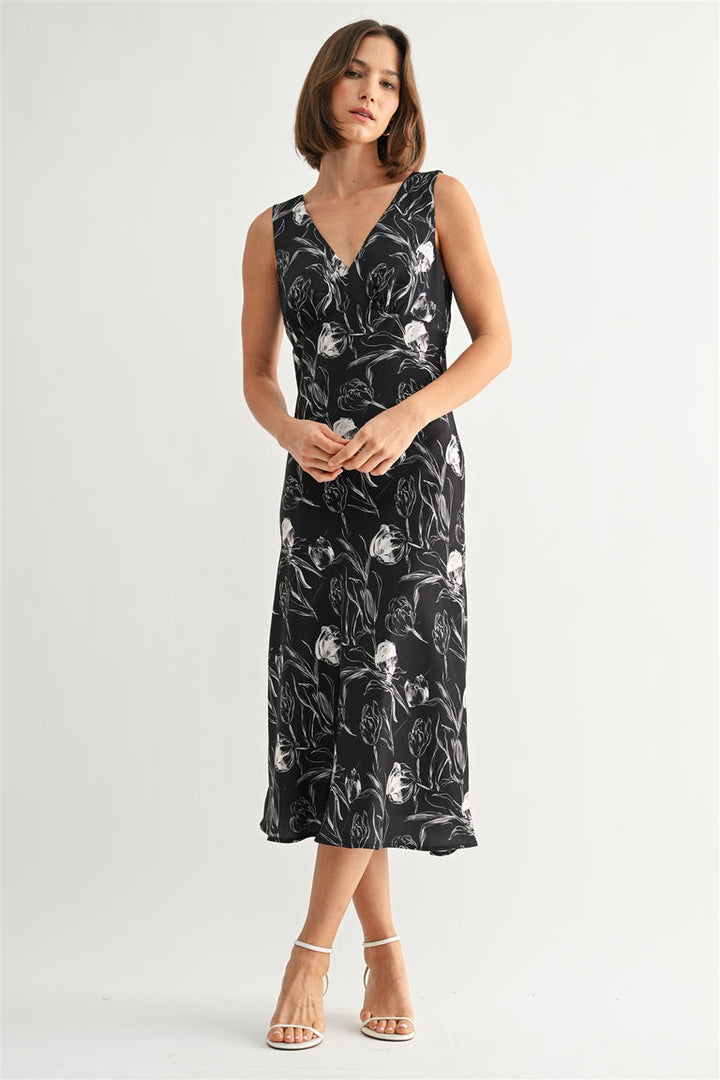 BLACK MIDNIGHT SATIN FLORAL V-NECK DRESS