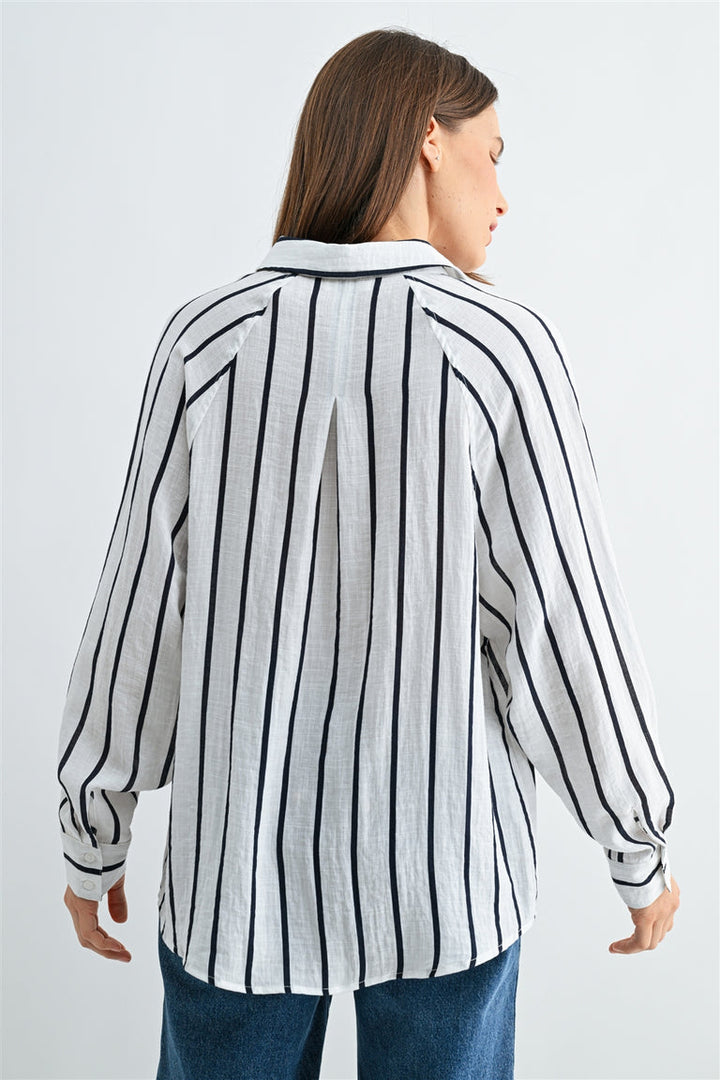 WHITE STRIPE WOVEN COLLARED SHIRT