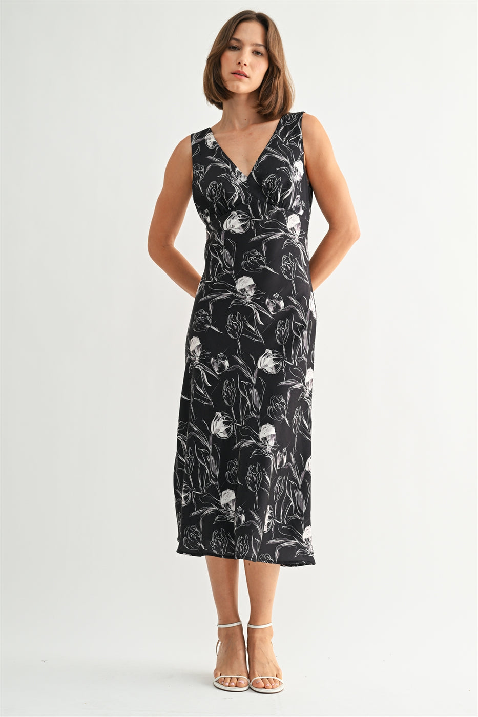 BLACK MIDNIGHT SATIN FLORAL V-NECK DRESS