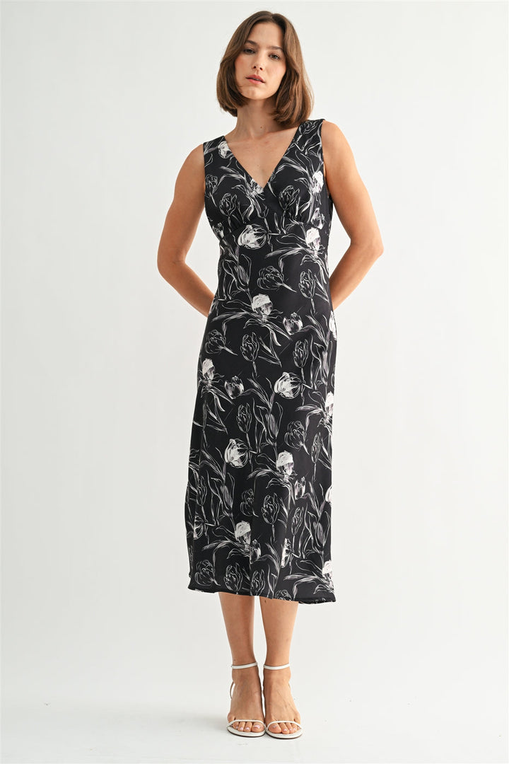 BLACK MIDNIGHT SATIN FLORAL V-NECK DRESS