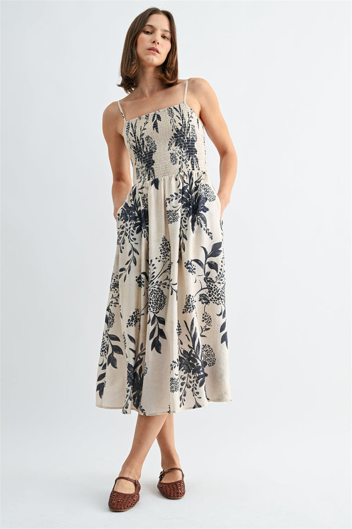 CHRISTINE SMOCKED FLORAL MIDI DRESS