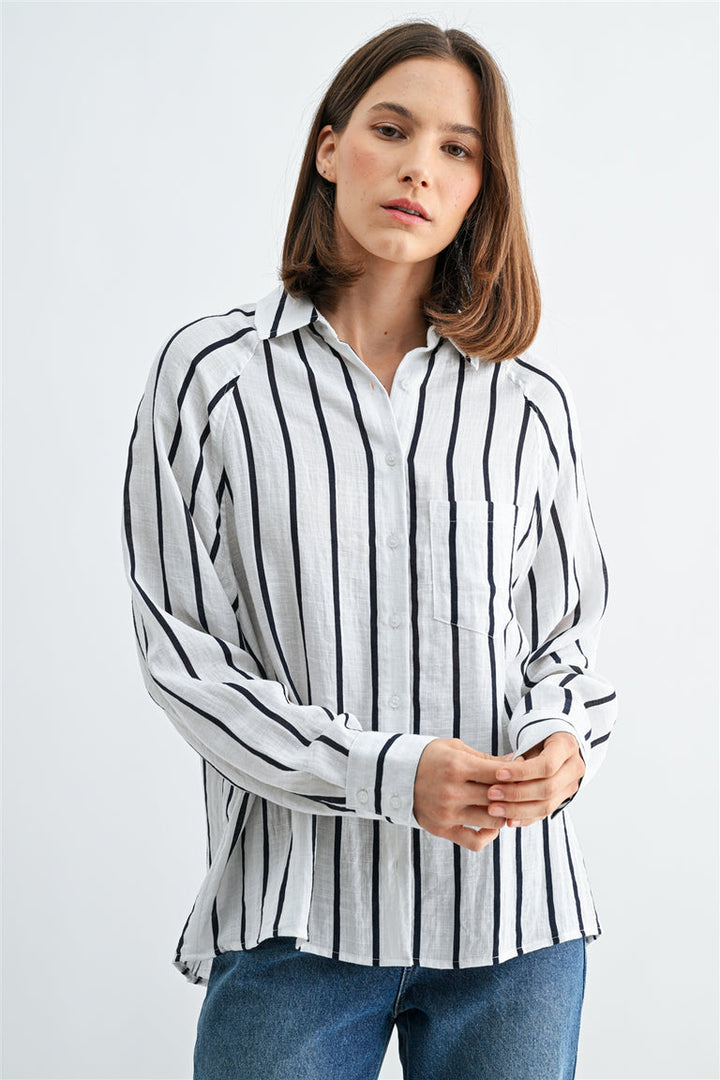 WHITE STRIPE WOVEN COLLARED SHIRT