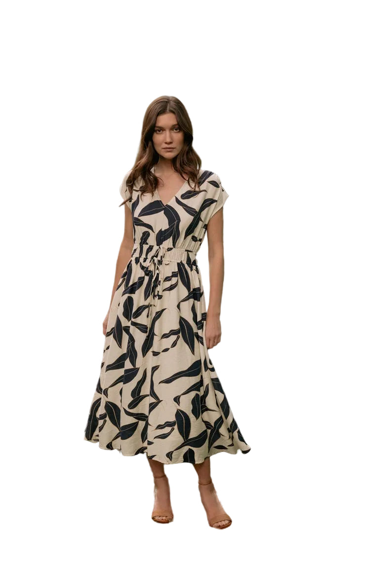 CECILIA ECRU & NAVY PRINT V-NECK MIDI DRESS
