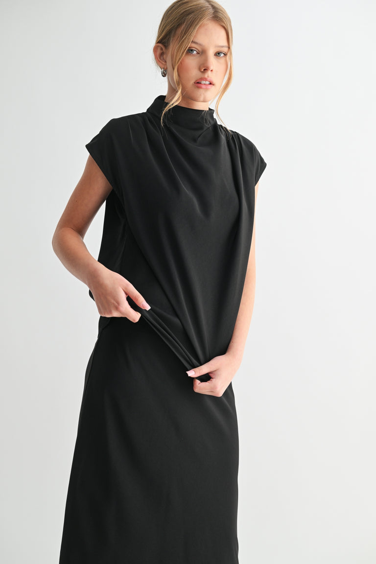 BLACK SATIN MOCK NECK CAP SLEEVE TOP