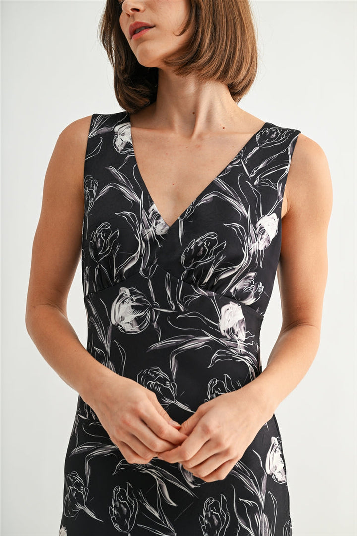 BLACK MIDNIGHT SATIN FLORAL V-NECK DRESS