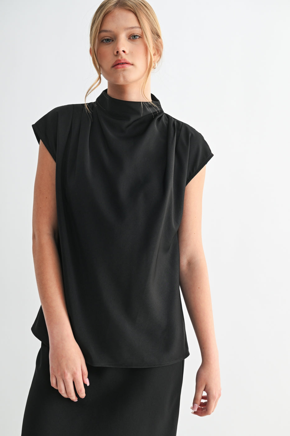 BLACK SATIN MOCK NECK CAP SLEEVE TOP