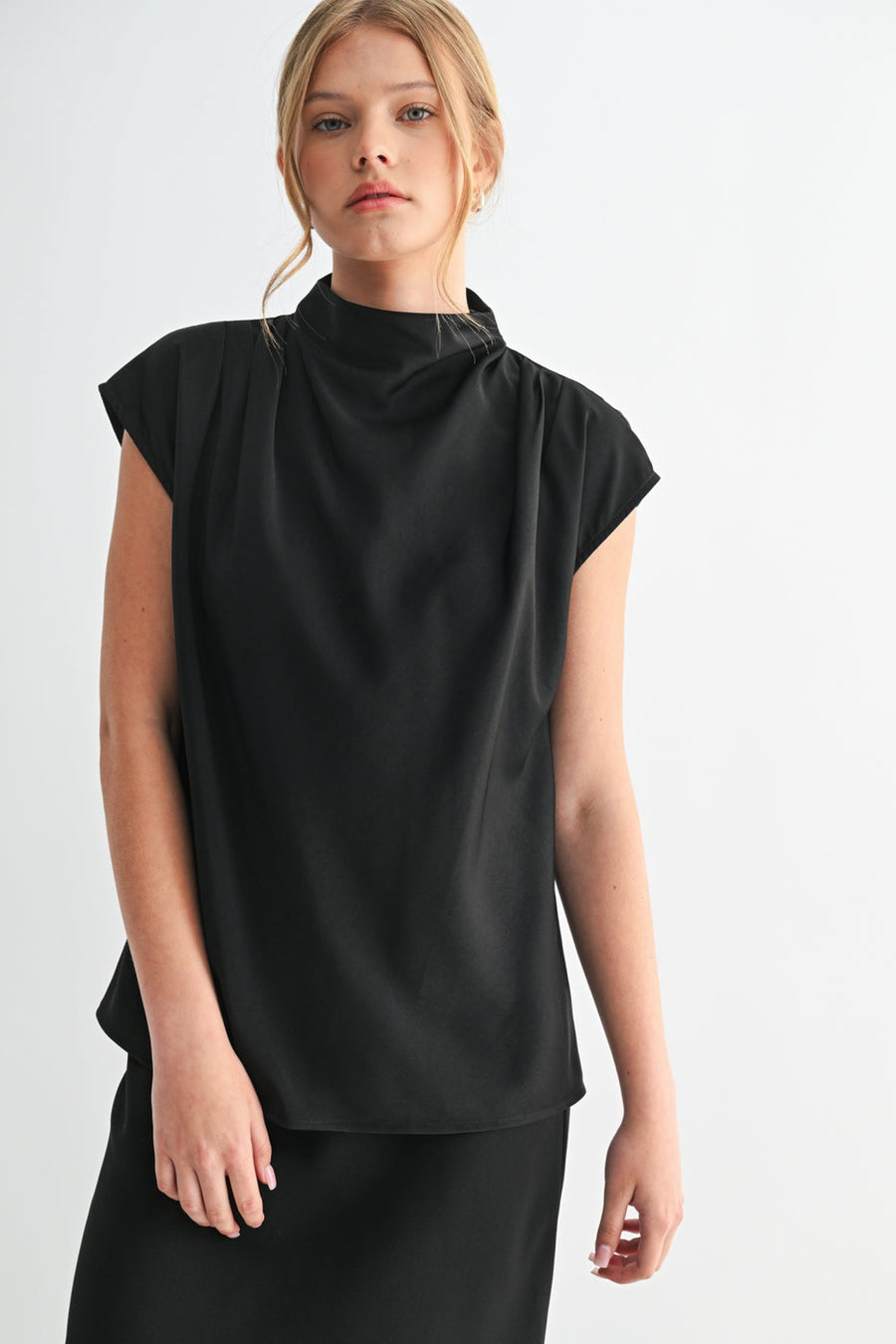 BLACK SATIN MOCK NECK CAP SLEEVE TOP
