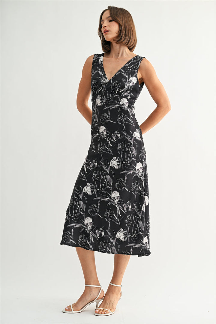 BLACK MIDNIGHT SATIN FLORAL V-NECK DRESS