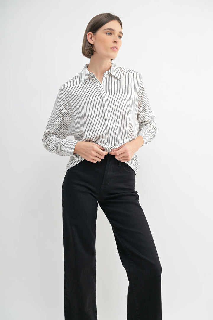 STRIPE DOLMAN SLEEVE WOVEN SHIRT