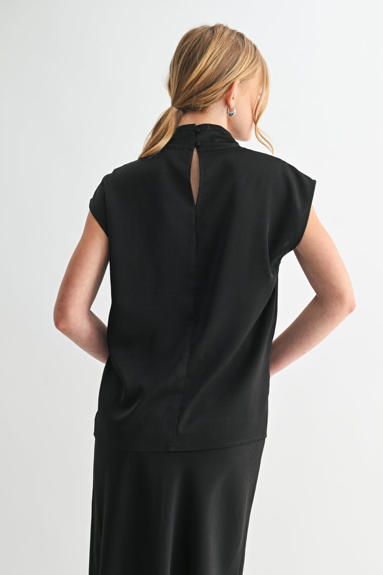 BLACK SATIN MOCK NECK CAP SLEEVE TOP