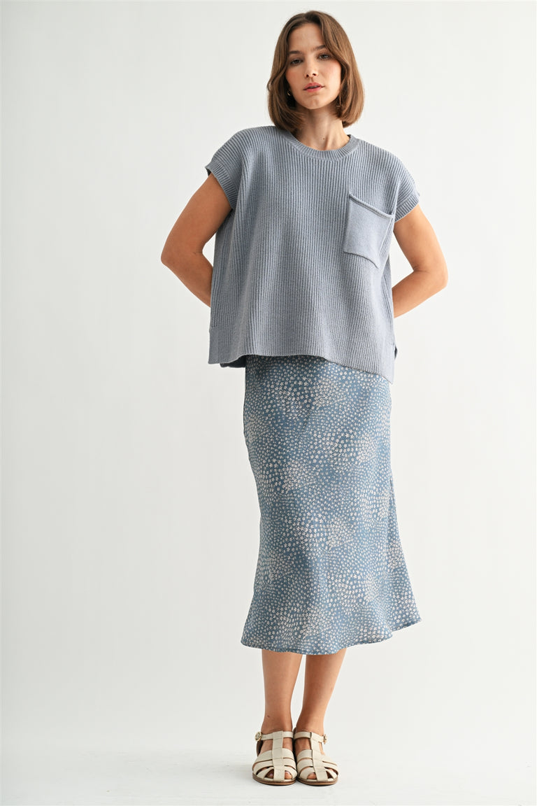 LIGHT BLUE DITSY FLORAL SATIN SKIRT
