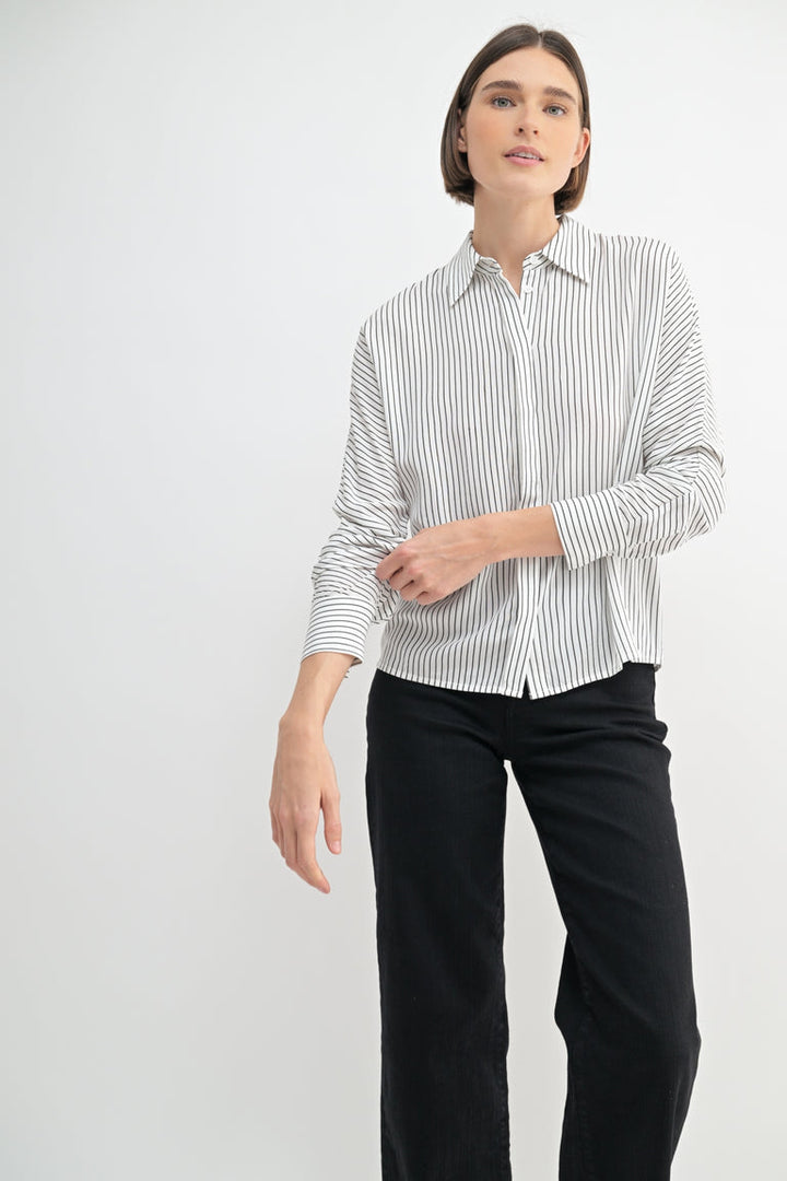 STRIPE DOLMAN SLEEVE WOVEN SHIRT