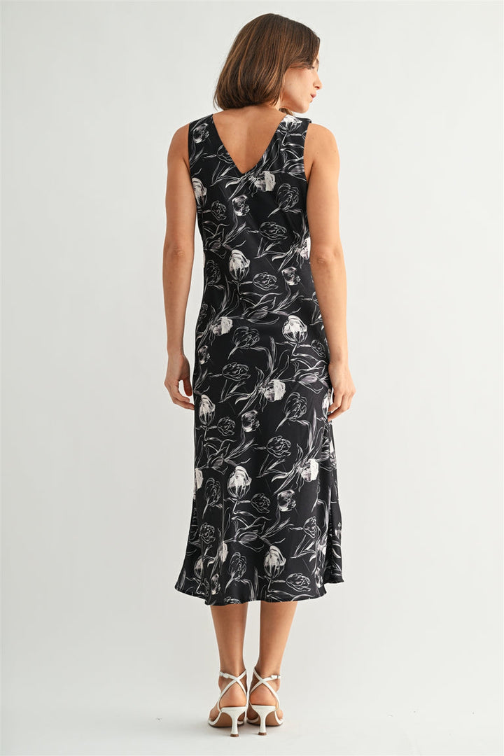 BLACK MIDNIGHT SATIN FLORAL V-NECK DRESS