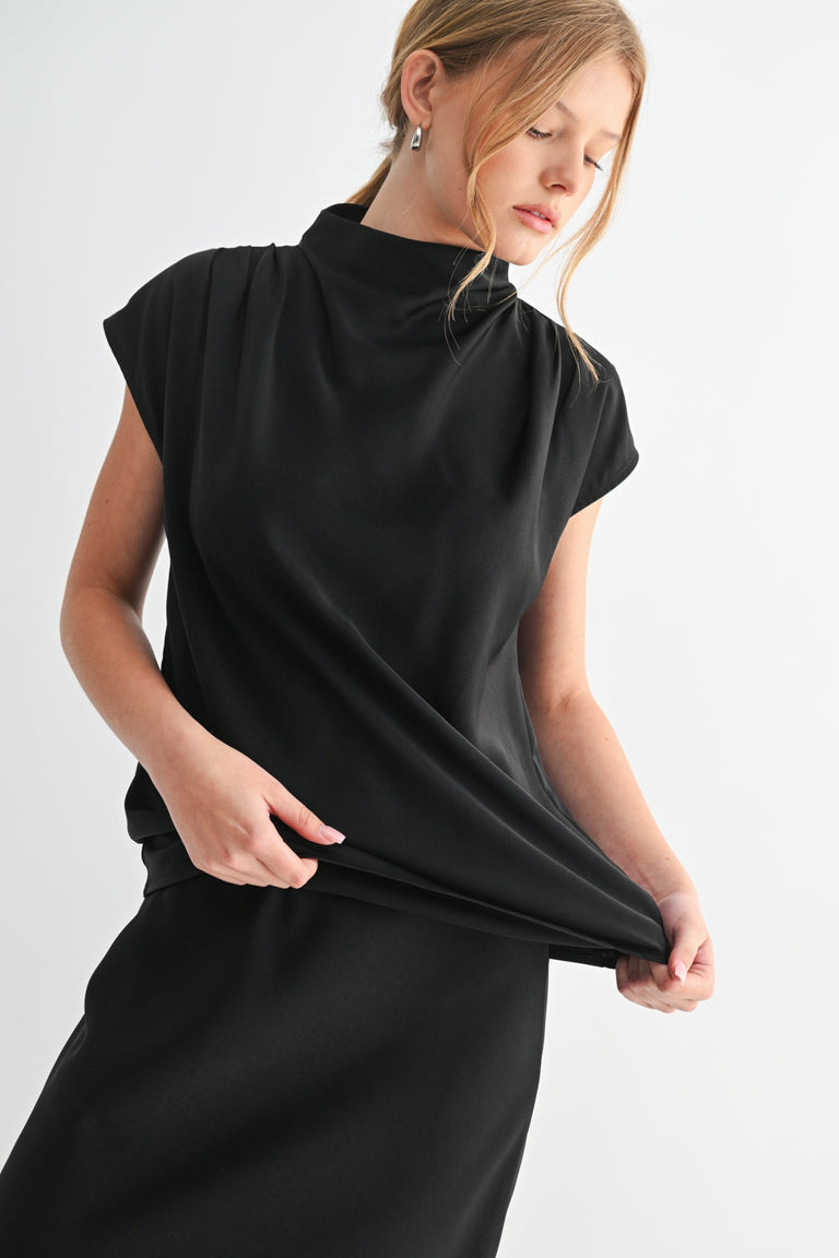 BLACK SATIN MOCK NECK CAP SLEEVE TOP
