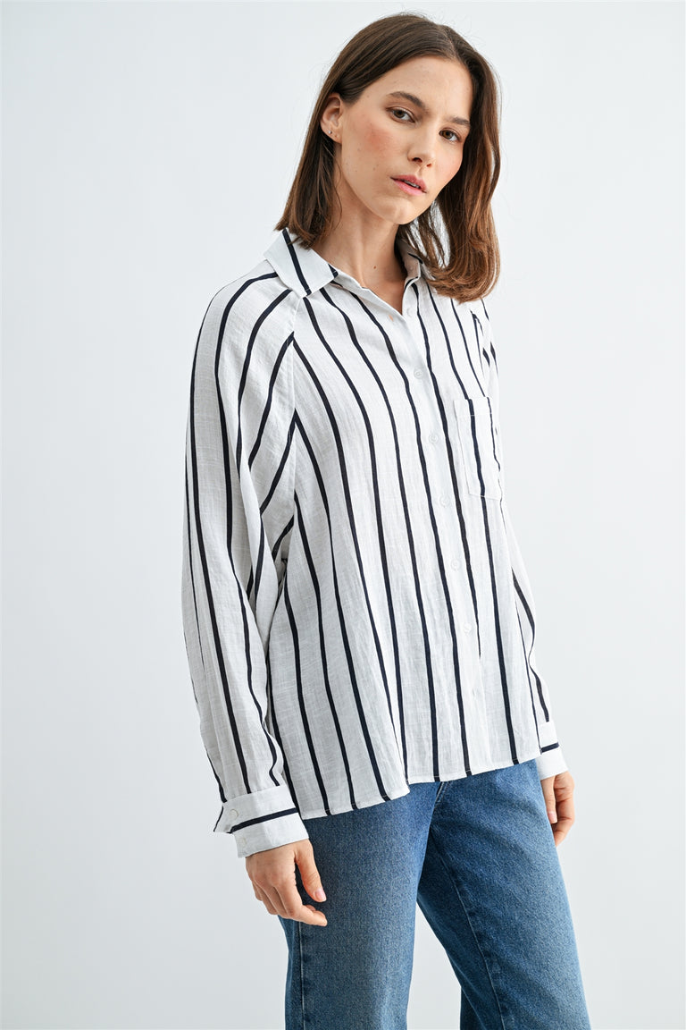 WHITE STRIPE WOVEN COLLARED SHIRT