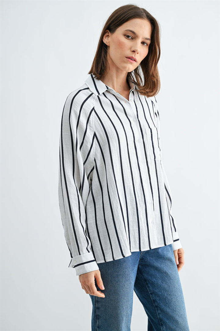 WHITE STRIPE WOVEN COLLARED SHIRT