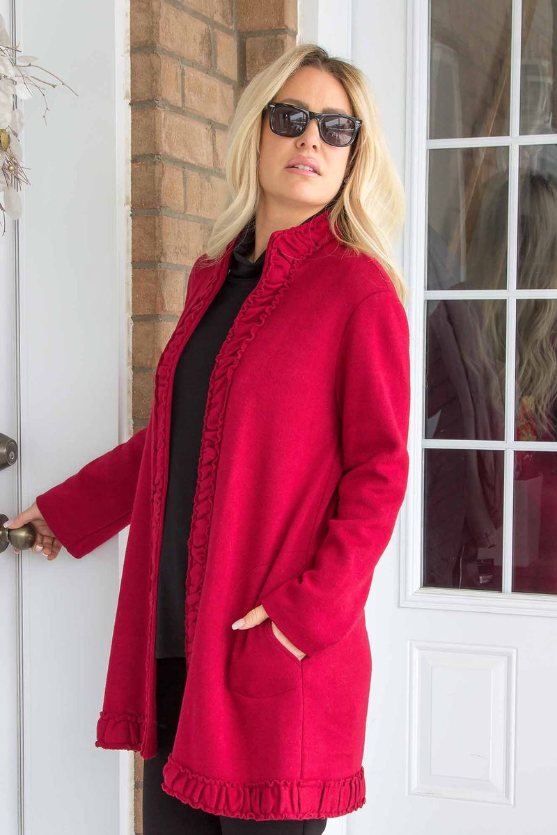 CATHERINE CHERRY RUFFLE EDGE SWEATER COAT
