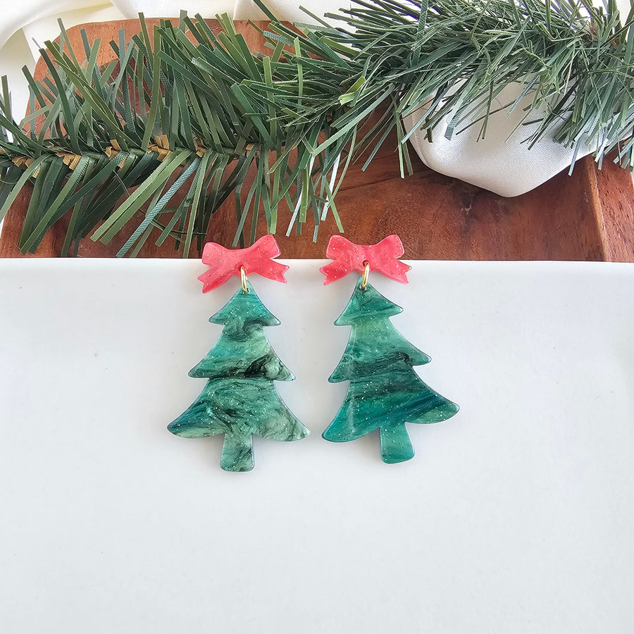 GREEN SHIMMER BOW CHRISTMAS TREE EARRINGS
