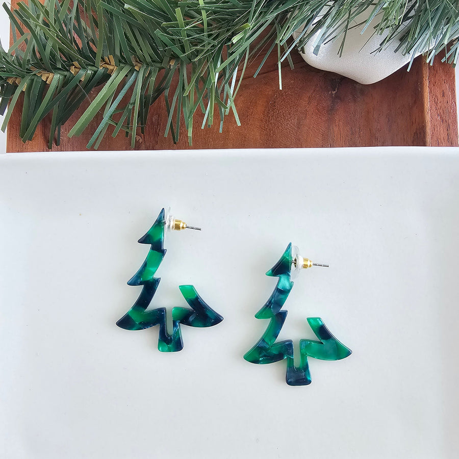 DARK GREEN CHRISTMAS TREE HOOP EARRINGS
