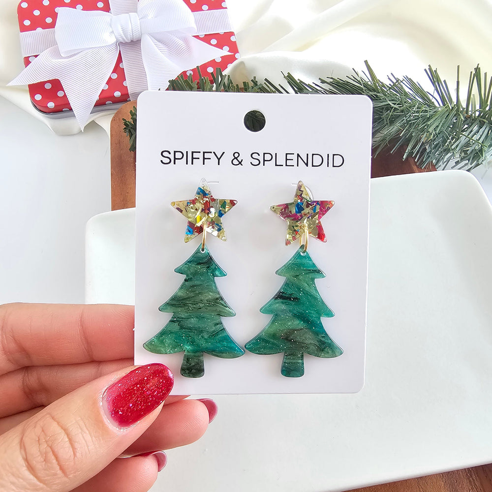GREEN SHIMMER STAR CHRISTMAS TREE EARRINGS
