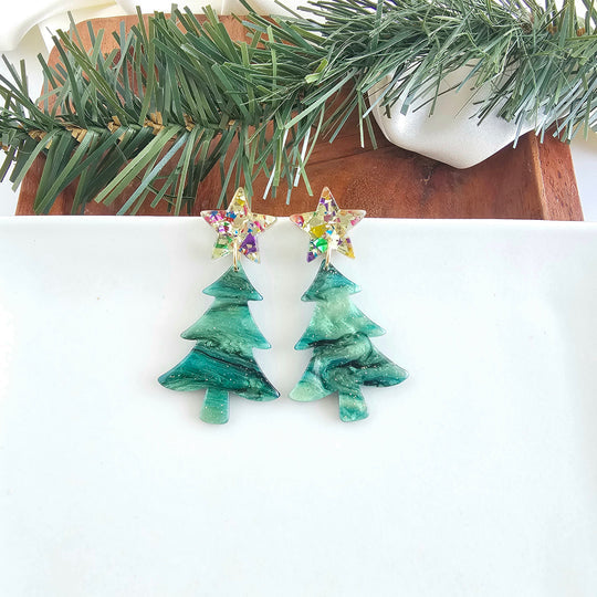 GREEN SHIMMER STAR CHRISTMAS TREE EARRINGS
