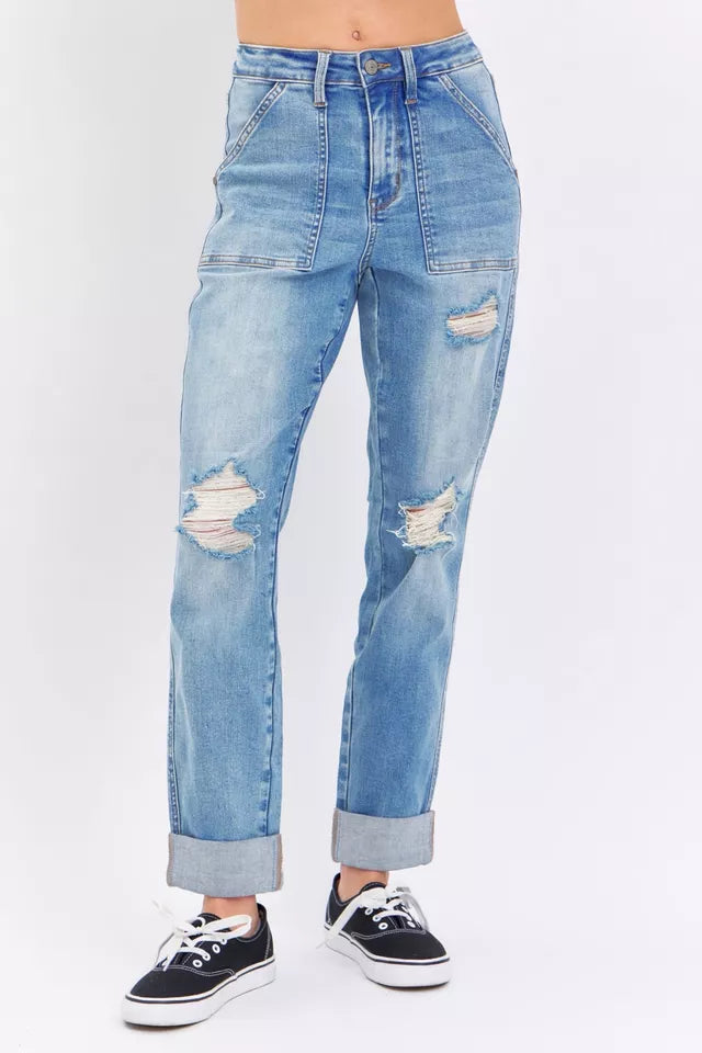 TIA HIGH WAIST PATCH POCKET BOYFRIEND JEANS