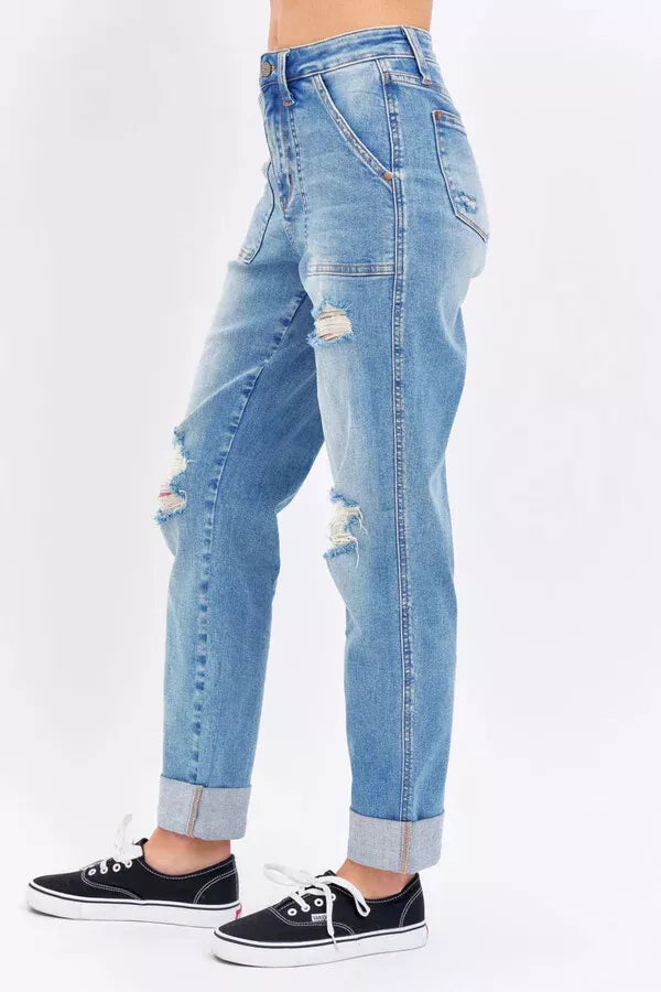 TIA HIGH WAIST PATCH POCKET BOYFRIEND JEANS