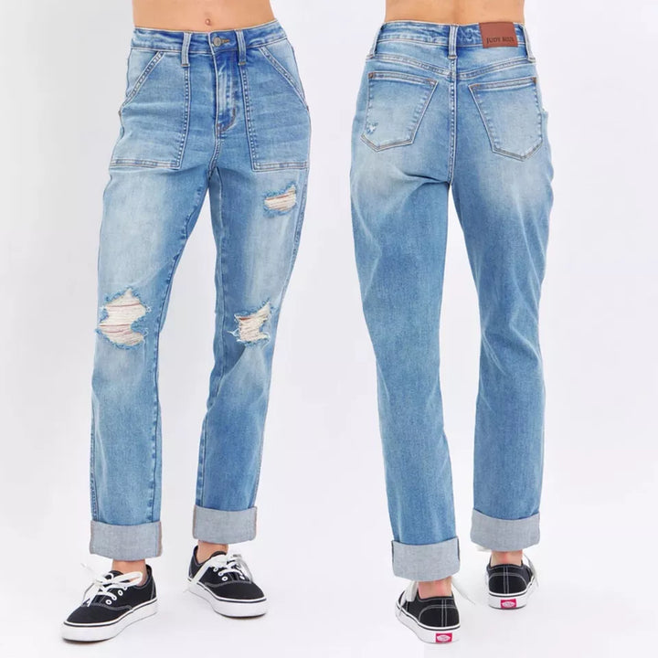 TIA HIGH WAIST PATCH POCKET BOYFRIEND JEANS