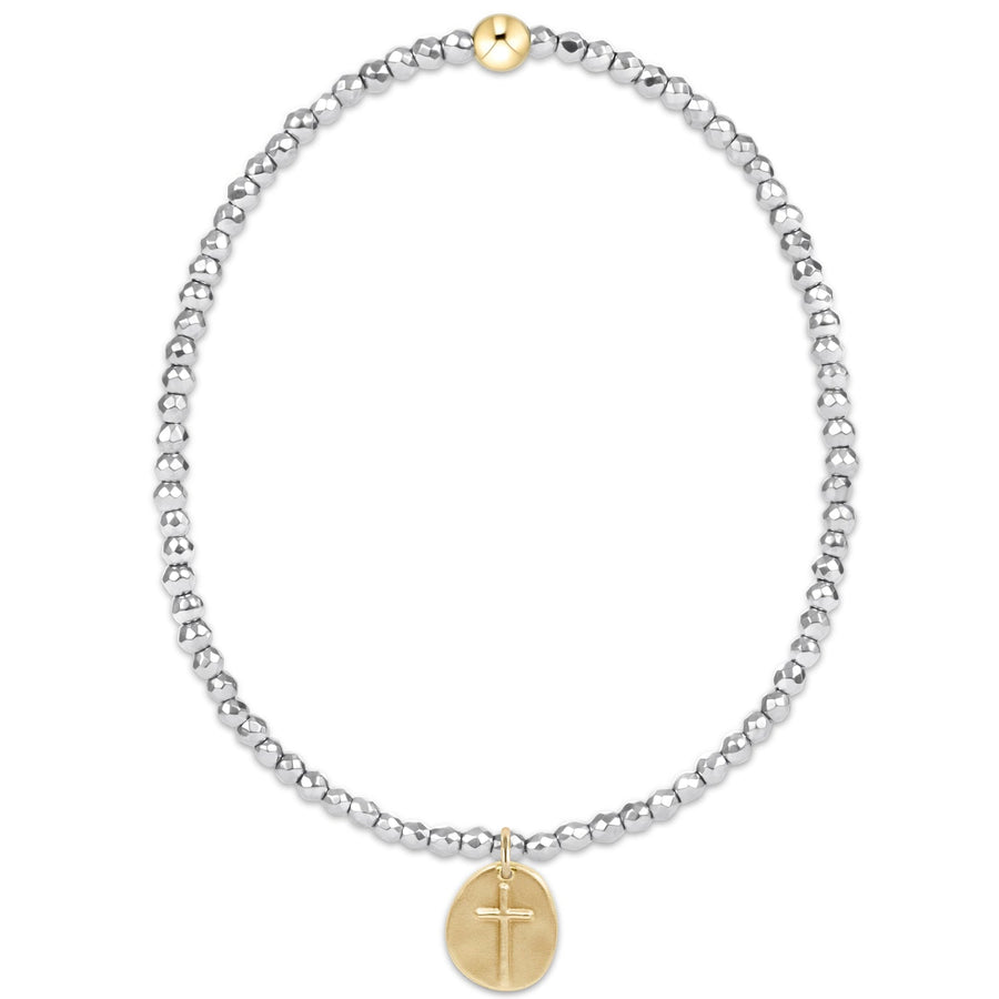 SILVER FACETED HEMATITE 2MM BEAD BRACELET W/ SMALL INSPIRE GOLD CHARM
