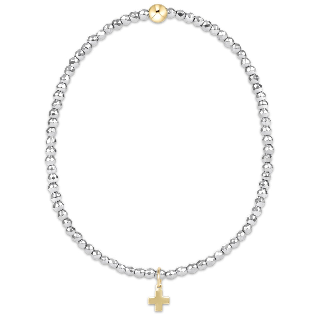 SILVER FACETED HEMATITE 2MM BEAD BRACELET W/ SIGNATURE CROSS GOLD CHARM