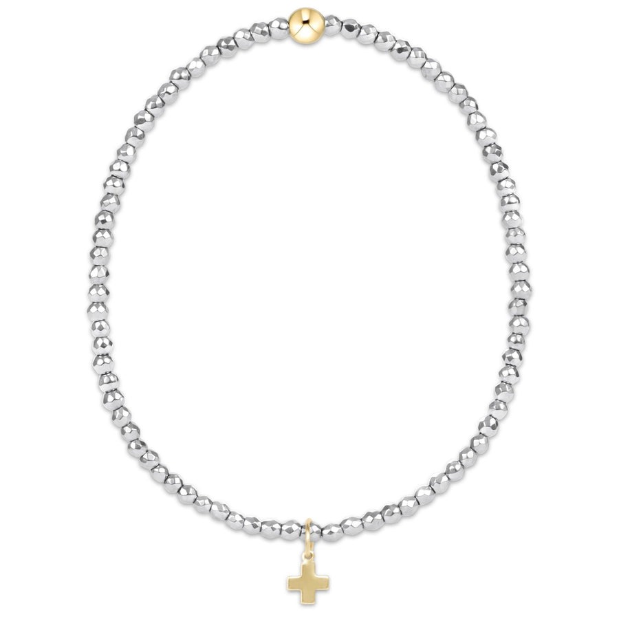 SILVER FACETED HEMATITE 2MM BEAD BRACELET W/ SIGNATURE CROSS GOLD CHARM
