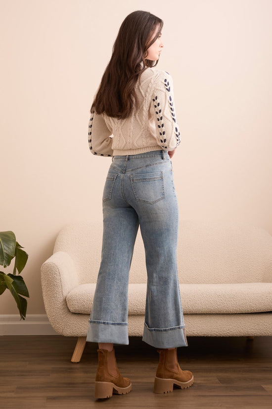 BROOKE WASHED BLUE PALAZZO CUFFED JEANS
