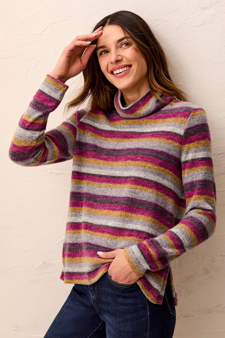 MULBERRY STRIPE BURSHED KNIT FUNNEL NECK TOP