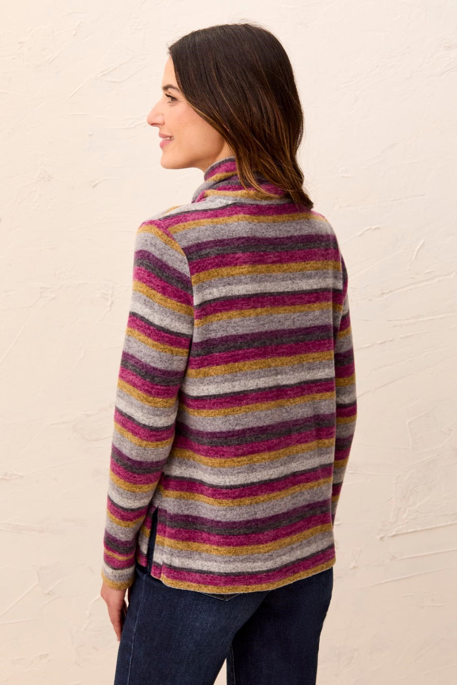 MULBERRY STRIPE BURSHED KNIT FUNNEL NECK TOP
