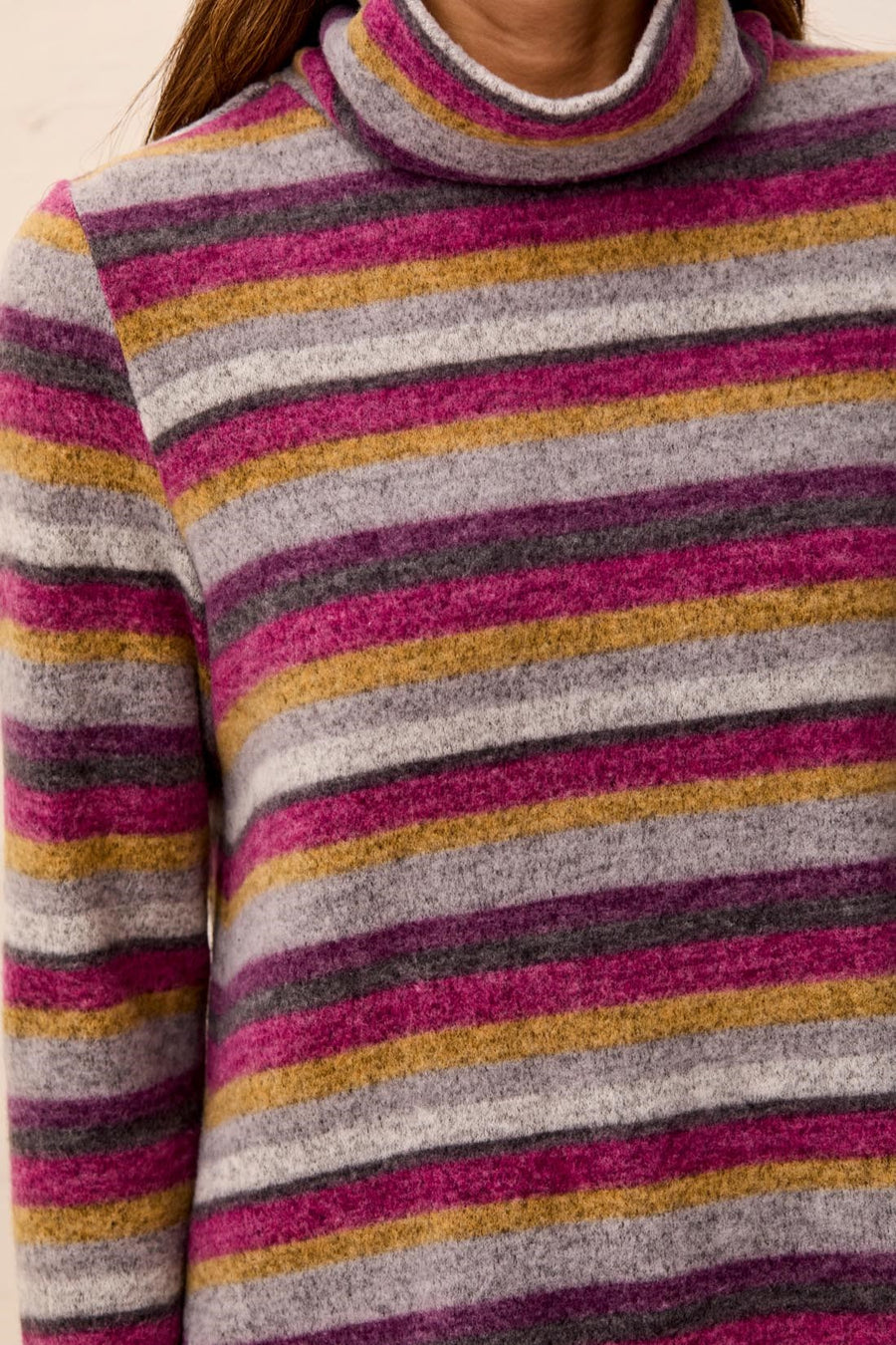 MULBERRY STRIPE BURSHED KNIT FUNNEL NECK TOP