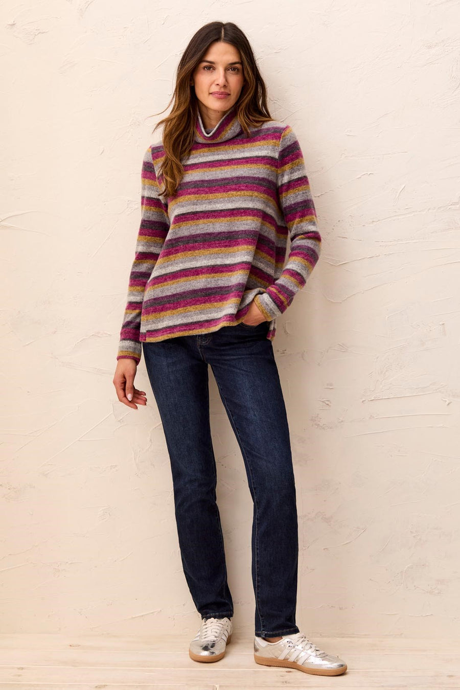 MULBERRY STRIPE BURSHED KNIT FUNNEL NECK TOP