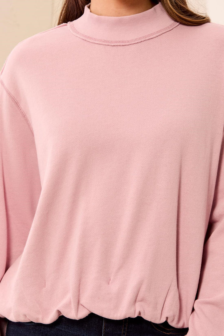 PINK FROST BUBBLE HEM  MOCK NECK SWEATSHIRT