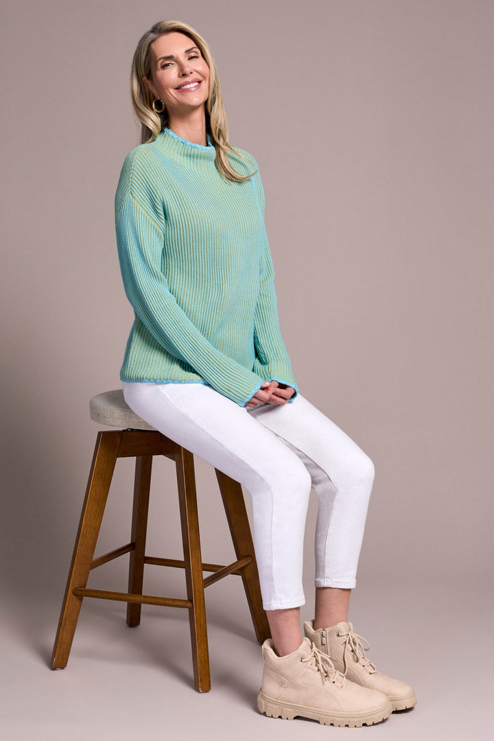 MIST BLUE TWO TONE RIB FUNNEL NECK SWEATER
