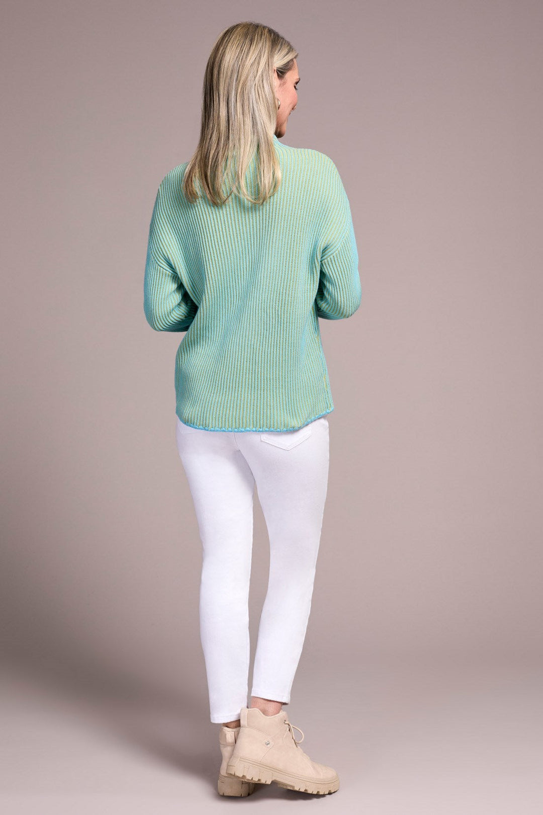 MIST BLUE TWO TONE RIB FUNNEL NECK SWEATER