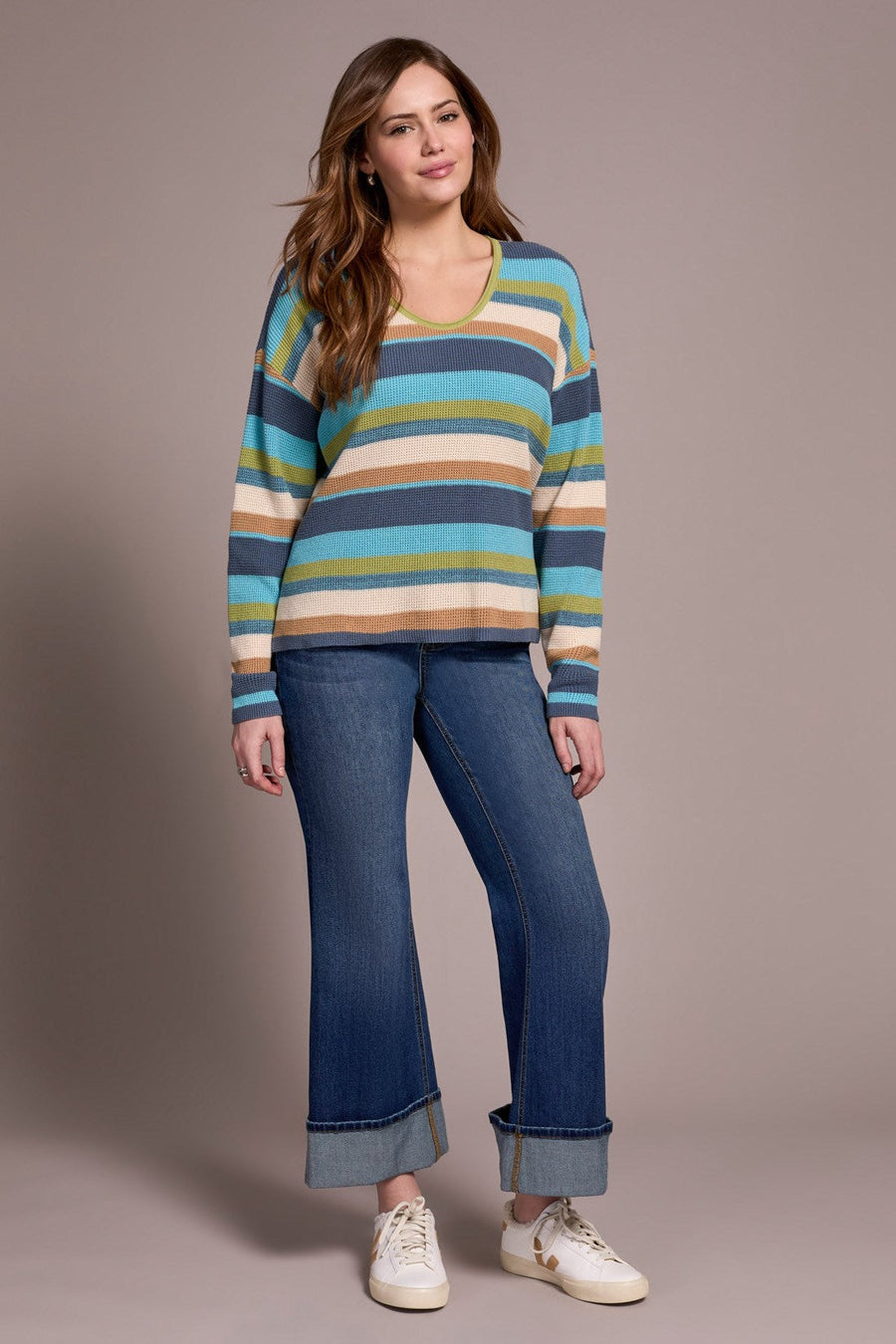 WASABI STRIPE U NECK WAFFLE KNIT SWEATER
