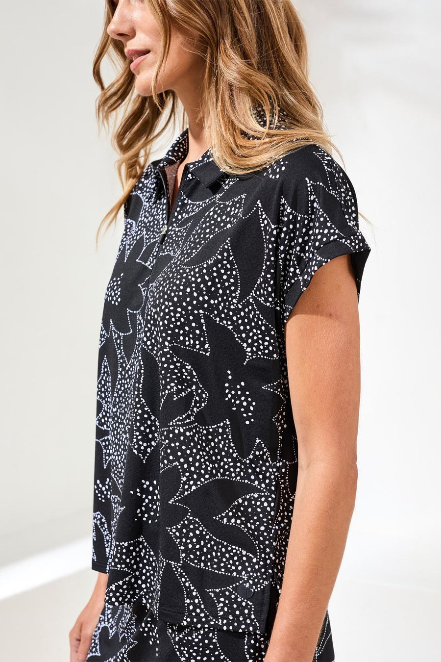 BLACK FLORAL UPF50+ POLO TOP
