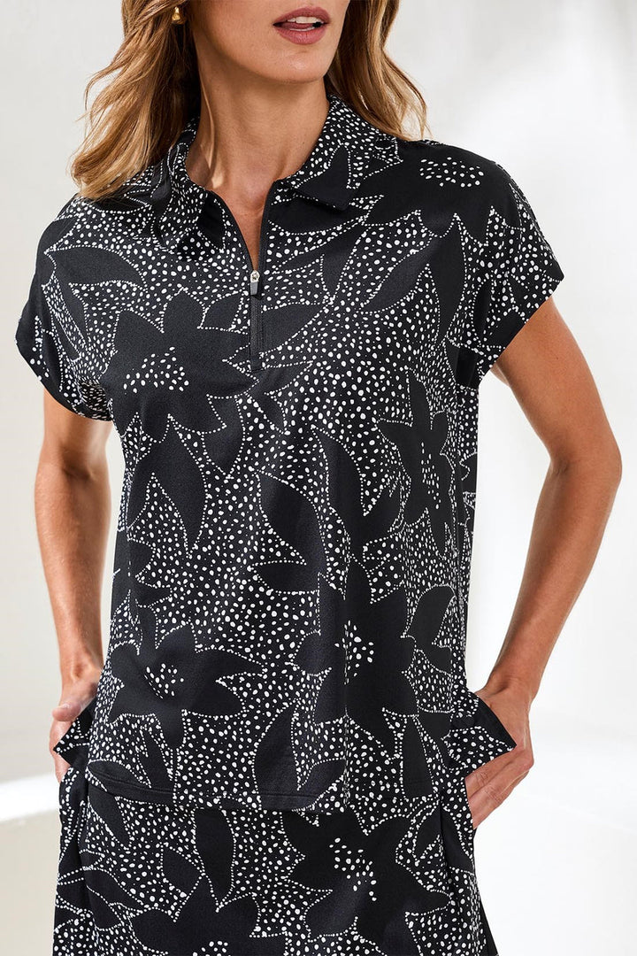 BLACK FLORAL UPF50+ POLO TOP